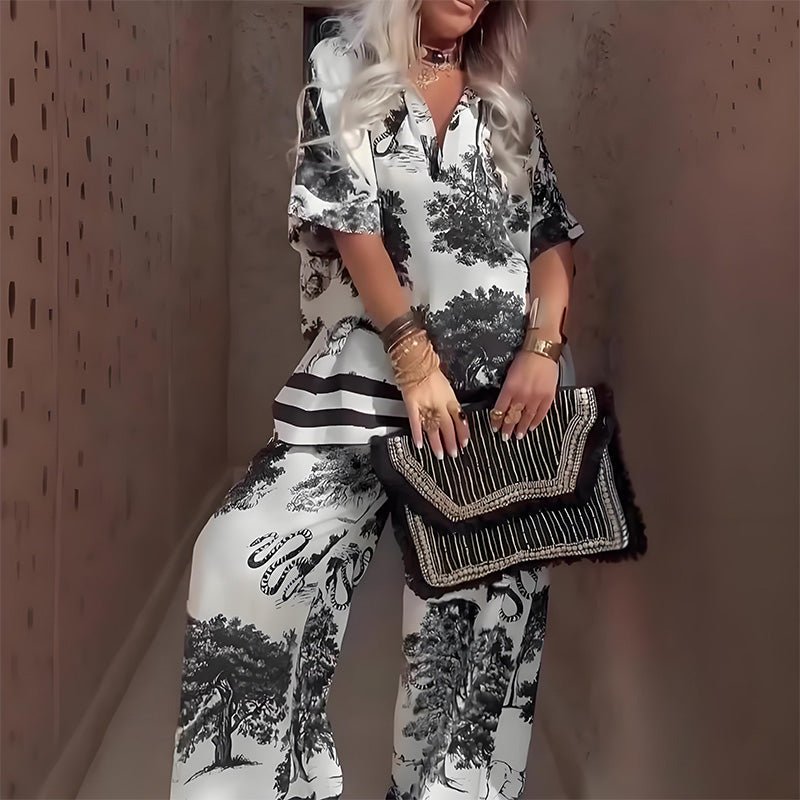 Linette - V - Neck Printed Top and Long Pants Set - Bellaro Fashion