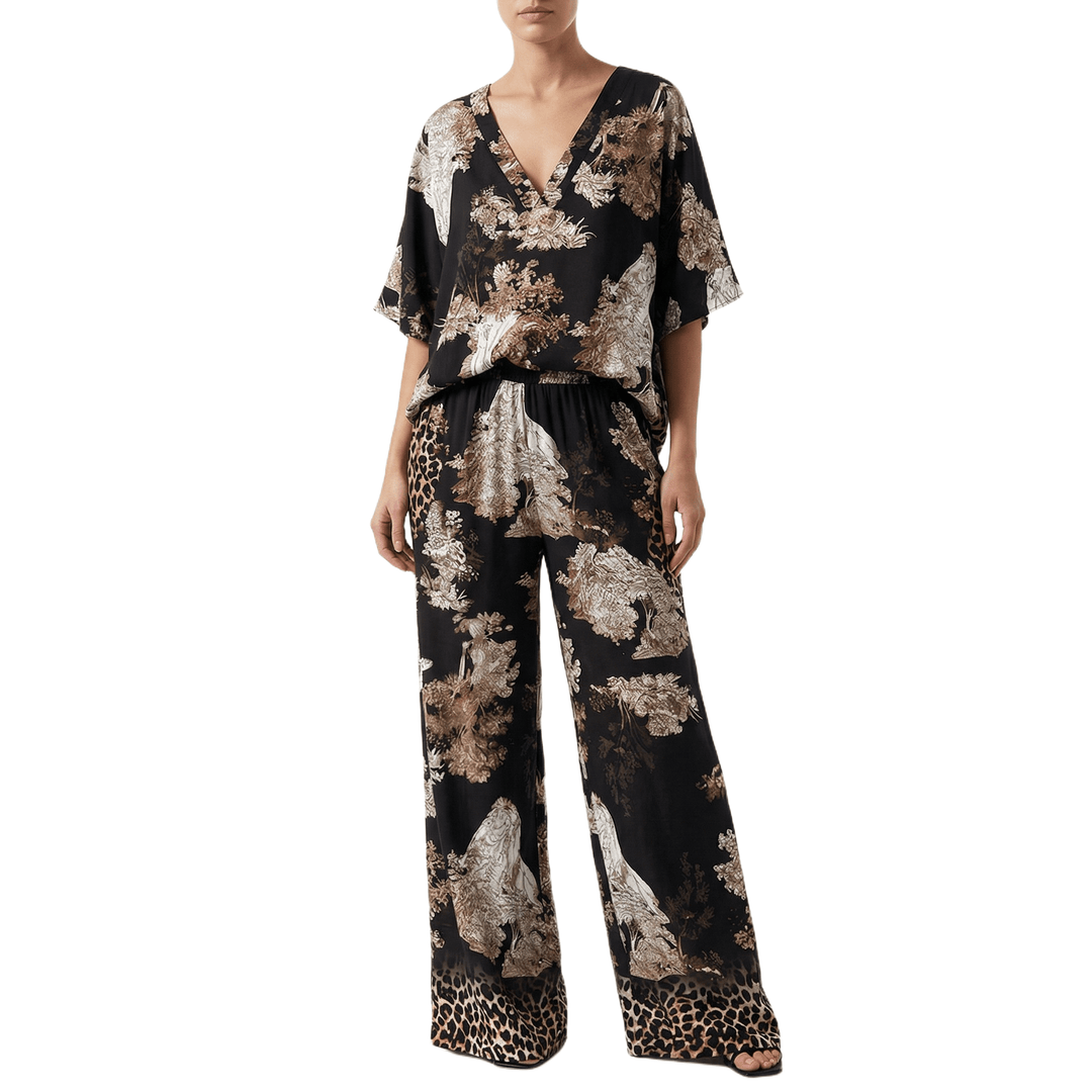 Linette - V - Neck Printed Top and Long Pants Set - Bellaro Fashion