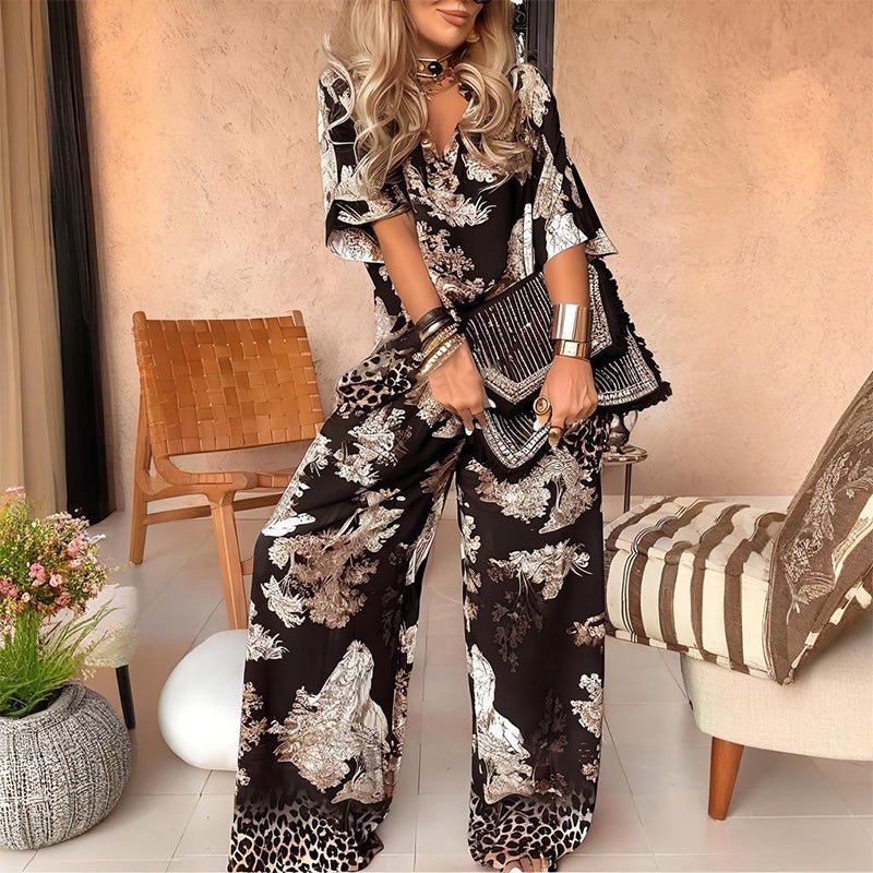 Linette - V - Neck Printed Top and Long Pants Set - Bellaro Fashion