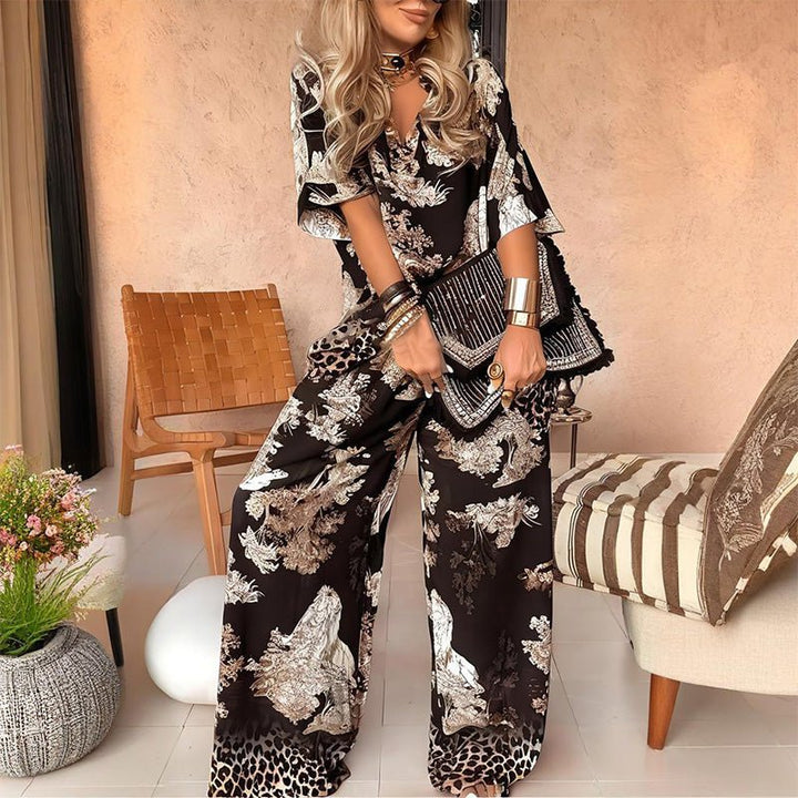 Linette - V - Neck Printed Top and Long Pants Set - Bellaro Fashion